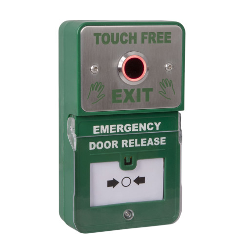 Alternative view of Dual Unit Stainless Steel "Touch Free Exit" Button with Combined Emergency Door Release