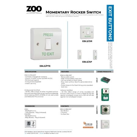 Alternative view of Retractable Switch Button Standard c/w White Back Box – "Press to Exit"