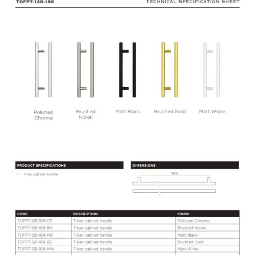 Alternative view of Top Drawer Fittings T Bar 128mm Cabinet Pull Handle