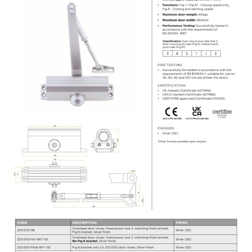 Alternative view of Size 3 Budget Door Closer with Arm and Body Including PA Bracket