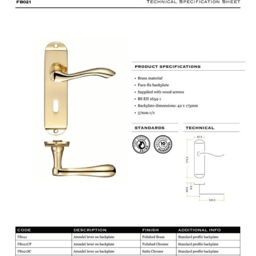 Alternative view of Arundel Lever Lock (57mm c/c) Furniture - Short Plate
