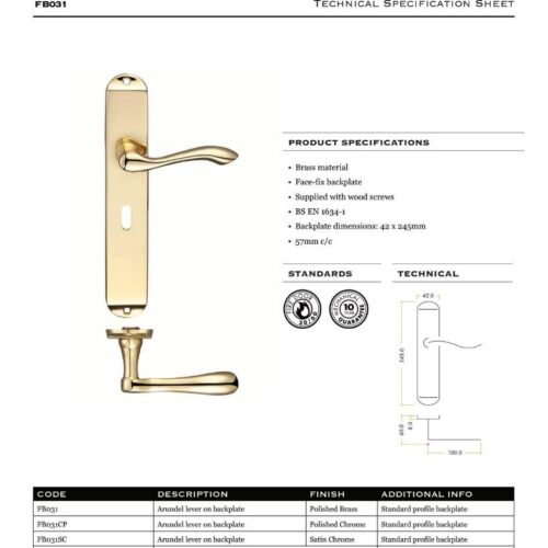 Alternative view of Arundel Lever Lock (57mm c/c) Furniture - Long Plate