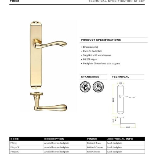 Alternative view of Arundel Lever Euro Lock (47.5mm c/c) Furniture - Long Plate 245 x 42mm