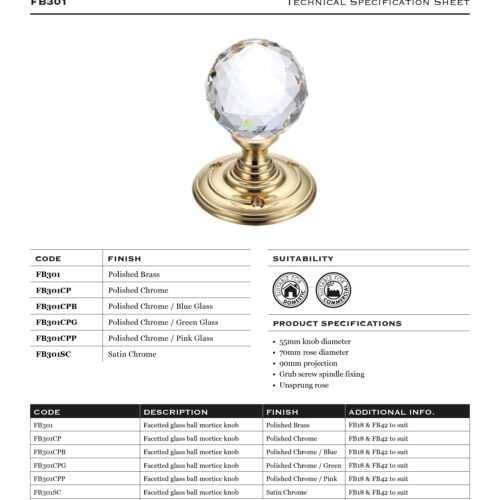 Alternative view of Glass Ball Mortice Knob Facetted 55mm Polished Door Handle Crystal Style Elegant Durable Fitting