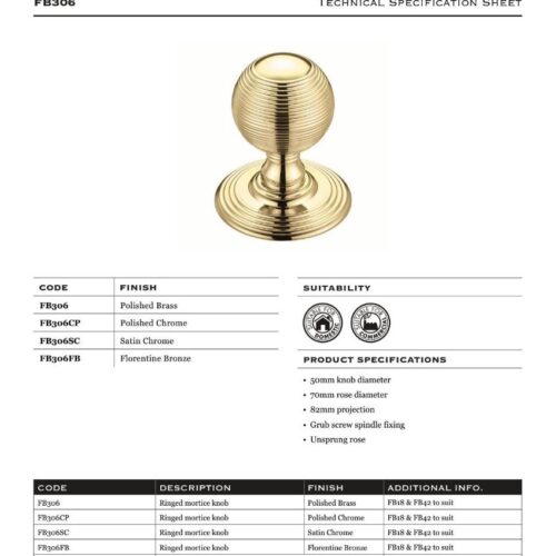 Alternative view of Ringed Mortice Knob Concealed Fix Solid Brass Door Handle Durable Traditional Style Interior Fitting