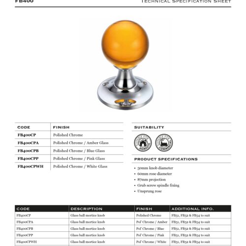 Alternative view of Glass Ball Mortice Knob Plain 50mm Crystal Door Handle Classic Polished Durable Fitting