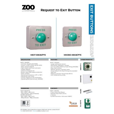 Alternative view of Standard Stainless Steel Plate c/w Kobo Back Box, Green Dome Steel Button - "Press to Exit"