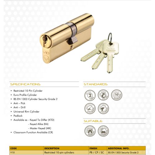 Alternative view of Euro Profile V10 Double Cylinder 32/70mm – Keyed to Differ