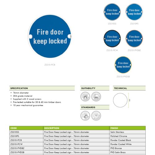 Alternative view of Fire Door Keep Locked Sign 76mm Diameter Durable Safety Door Sign High Visibility