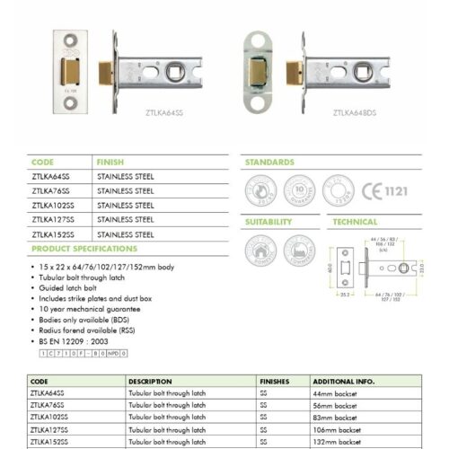Alternative view of Tubular Latch (Knobs) Architectural 45° Travel 76mm with SSS Forend Durable Internal Door Latch Smooth Operation
