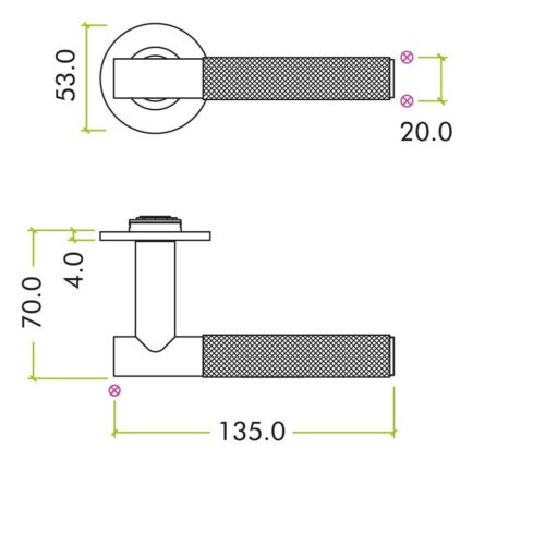Alternative view of Orta Lever on 53mm x 4mm Round Sprung Rose Contemporary Stainless Steel Door Handle