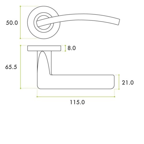 Alternative view of Toledo Lever Handle on 50mm x 8mm Round Sprung Rose Contemporary Internal Door Handle Design