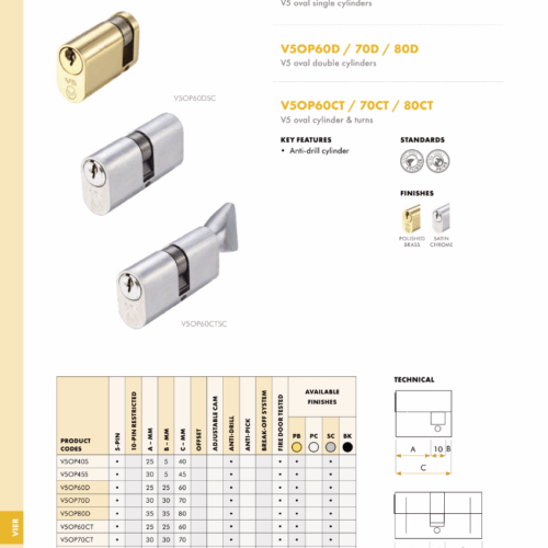 Alternative view of Oval Profile V5 Double Cylinder 70mm – Keyed to Differ – Fixings Included