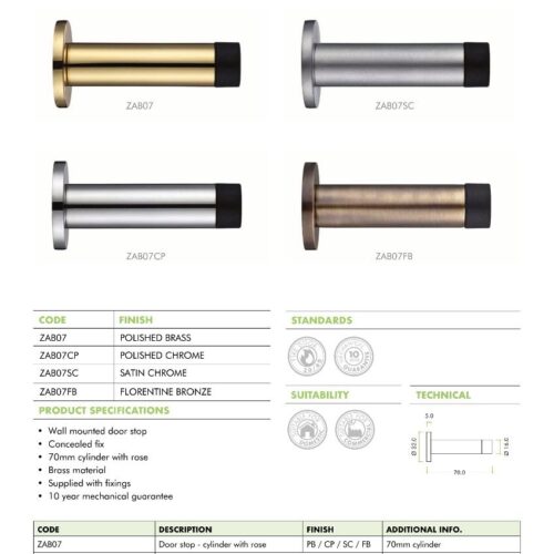 Alternative view of Wall-Mounted Cylinder Door Stop – 64mm C/W Rose – Fixings Included