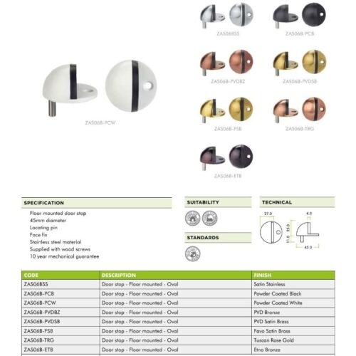 Alternative view of Modern Floor Mounted Door Stop – Oval – 45mm – Fixings Included