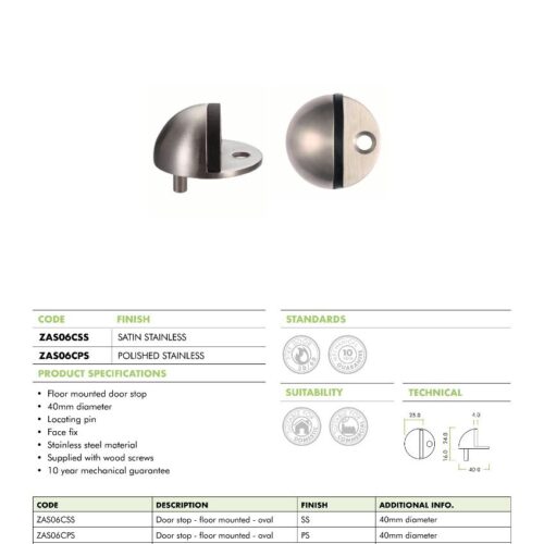 Alternative view of Floor Mounted Oval Door Stop – 40mm – Fixings Included