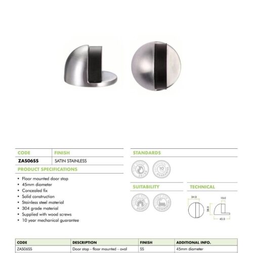 Alternative view of Door Stop – Floor Mounted – Oval – 45mm – Fixings Included