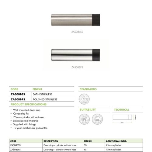 Alternative view of Door Stop – Hollow Cylinder – 74mm Projection W/O Rose – Fixings Included