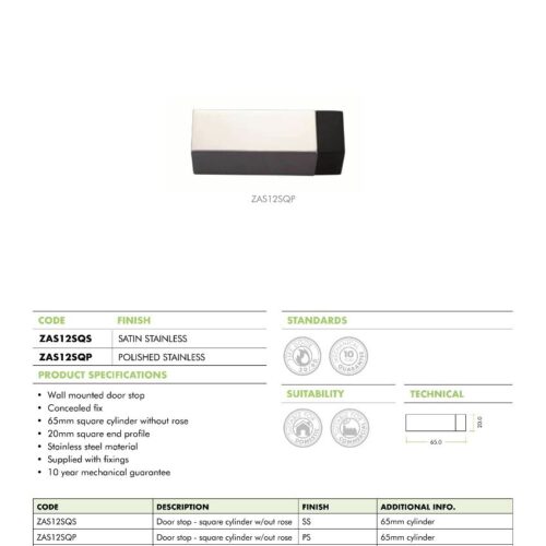 Alternative view of Square Door Stop – 65mm – Fixings Included
