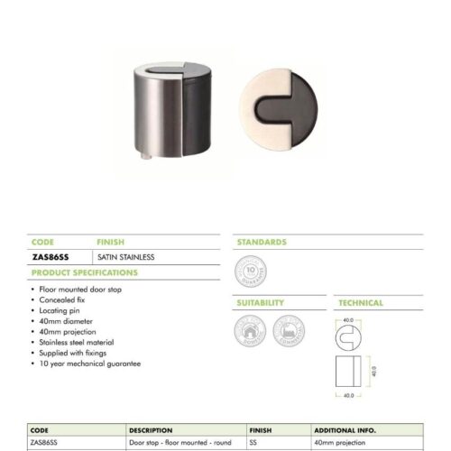 Alternative view of Door Stop – Floor Mounted – Large Round – 40mm Dia – Fixings Included