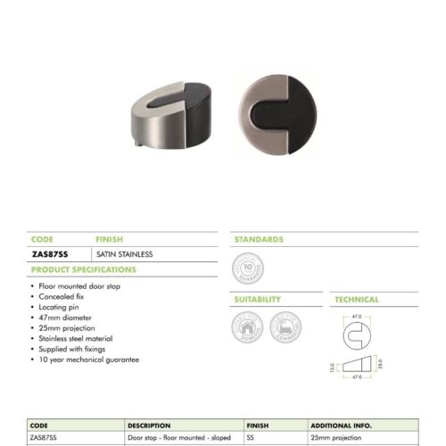 Alternative view of Floor Mounted Sloped Door Stop – 45mm Dia – Fixings Included