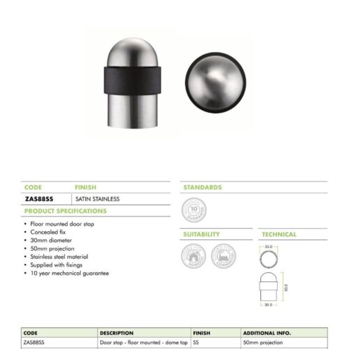 Alternative view of Floor Mounted Door Stop – Round Collared Domed Top – 51mm Projection – Fixings Included