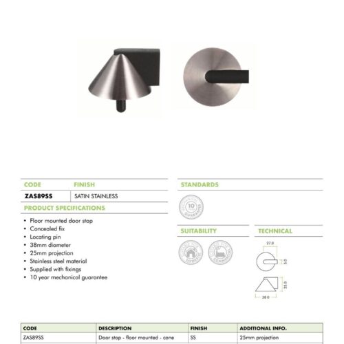Alternative view of Floor Mounted Cone-Shaped Door Stop – 38mm Dia – Fixings Included