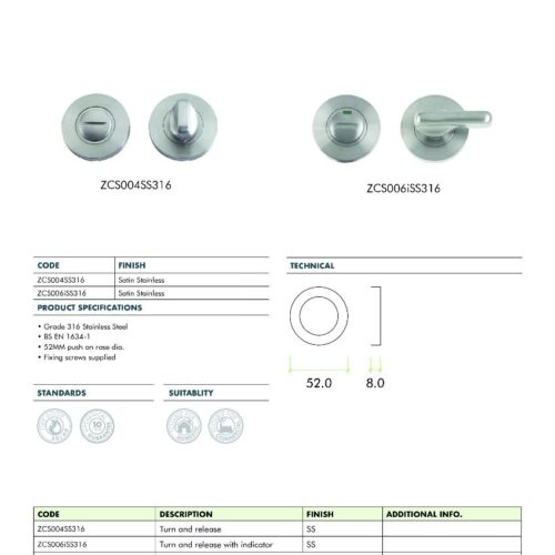 Alternative view of Turn and Release – 52mm Rose – Grade 316 – Fixings Included