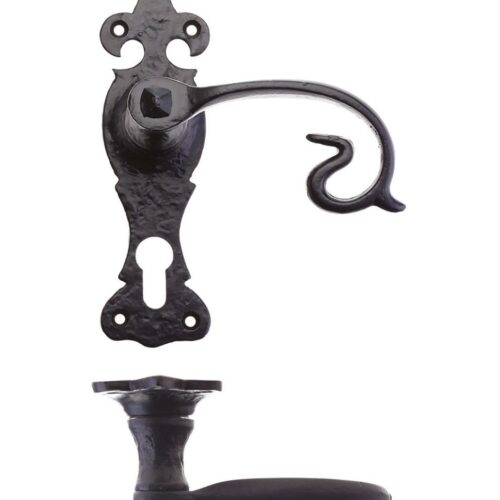 Image 1: Scroll lever on fleur de lys backplate 6 inch euro profile handle Image 2: Fleur de lys backplate handle decorative scroll lever aged brass Image 3: Euro profile lever handle traditional door plate on wooden door