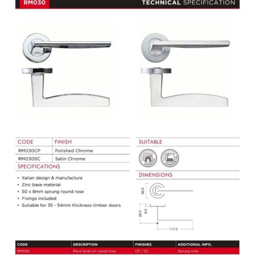 Alternative view of Pavo Lever on 50mm x 8mm Round Sprung Rose Stylish Stainless Steel Internal Door Handle