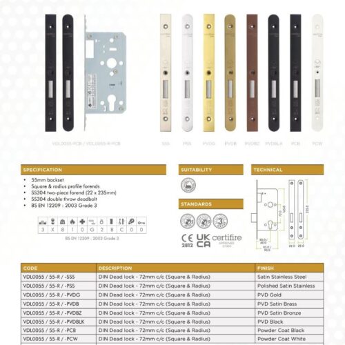 Alternative view of 2 Piece Din Euro Deadlock Backset 55mm Radius Edge Mortice Lock