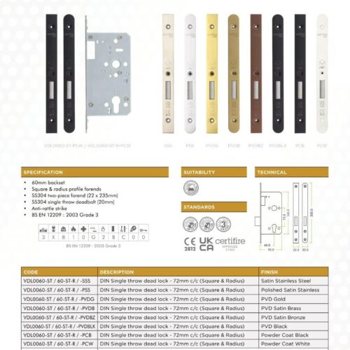 Alternative view of 2 Piece DIN Euro Deadlock Backset 60mm Radius Single Throw High Security Mortice Lock