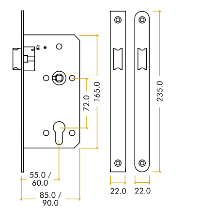 Alternative view of 2 Piece Din Latch Backset 60mm Radius Edge Mortice Lock