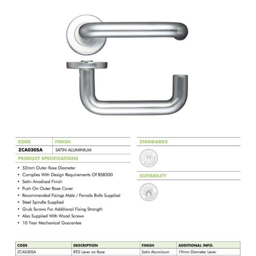 Alternative view of 19mm Return to Door Lever on Round Rose Modern Stainless Steel Door Handle