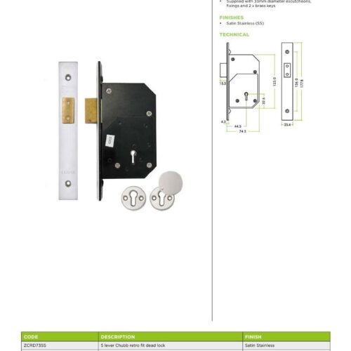 Alternative view of 5 Lever Deadlock 73mm with Escutcheon Chubb Retro Fit 3G110 Compatible Lock