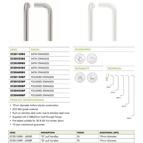 Alternative view of 19mm D Pull Handle 600mm Centres Grade 304 Stainless Steel Bolt Through Fixings