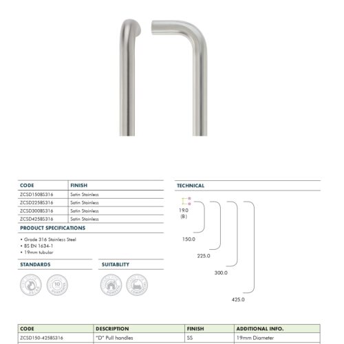 Alternative view of 19mm D Pull Handle 150mm Centres Grade 316 Stainless Steel Bolt Through Fixings