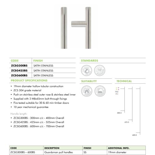 Alternative view of 19mm Guardsman Pull Handle 600mm Centres Grade 304 Stainless Steel Bolt Through Fixings