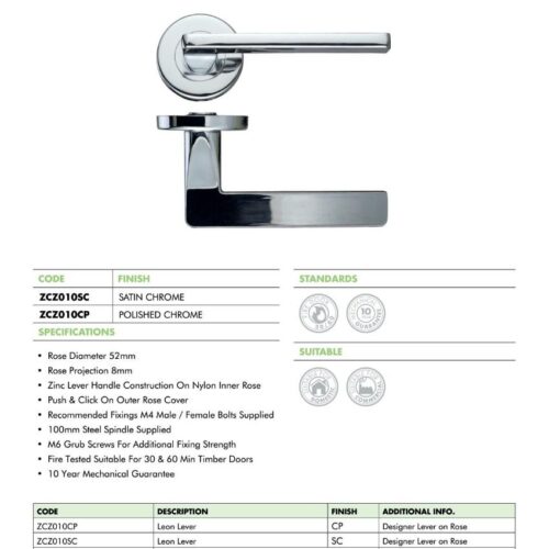Alternative view of Leon Lever on 52mm x 8mm Round Sprung Rose Stainless Steel Contemporary Door Handle