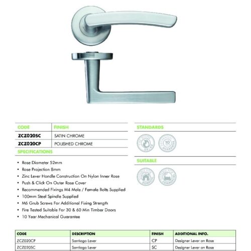 Alternative view of Santiago Lever Handle on 52mm x 8mm Round Sprung Rose Modern Door Handle Design