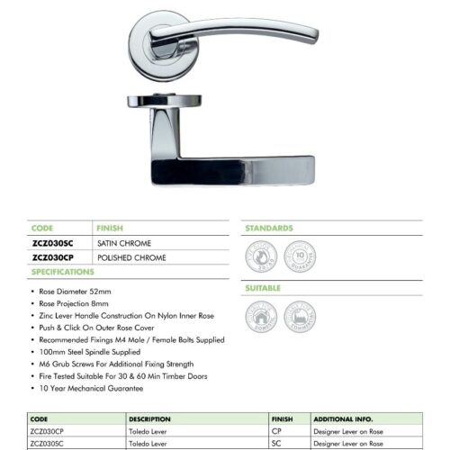Alternative view of Toledo Lever Handle on 52mm x 8mm Round Sprung Rose Sleek Modern Internal Door Handle Design