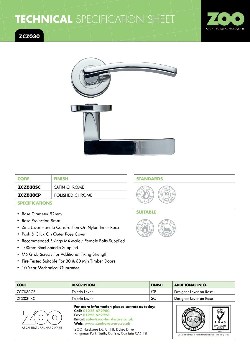 Toledo Lever Handle on 52mm x 8mm Round Sprung Rose Sleek Modern Internal Door Handle Design - Image 2