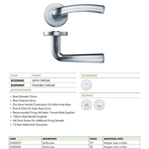 Alternative view of Seville Lever Handle on 52mm x 8mm Round Sprung Rose Stylish Modern Door Handle Design