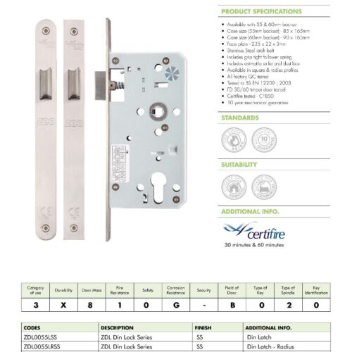 Alternative view of Din Latch Backset 55mm Radius Edge Mortice Door Lock