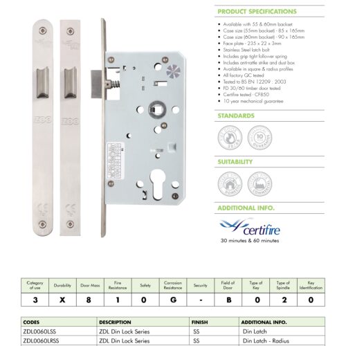 Alternative view of Din Latch Backset 60mm Radius Edge Mortice Door Lock