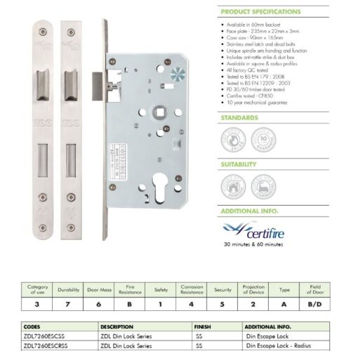 Alternative view of Din Escape Lock 72mm Centres Backset 60mm Radius Edge Mortice Lock