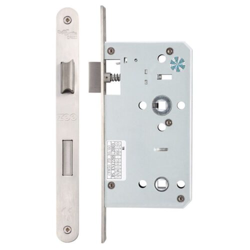 DIN Bathroom Lock 78mm Centres Backset 60mm Radius Satin Stainless Steel