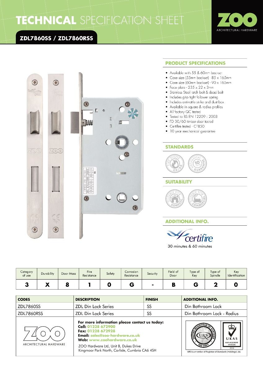 DIN Bathroom Lock 78mm Centres Backset 60mm Radius Satin Stainless Steel - Image 3