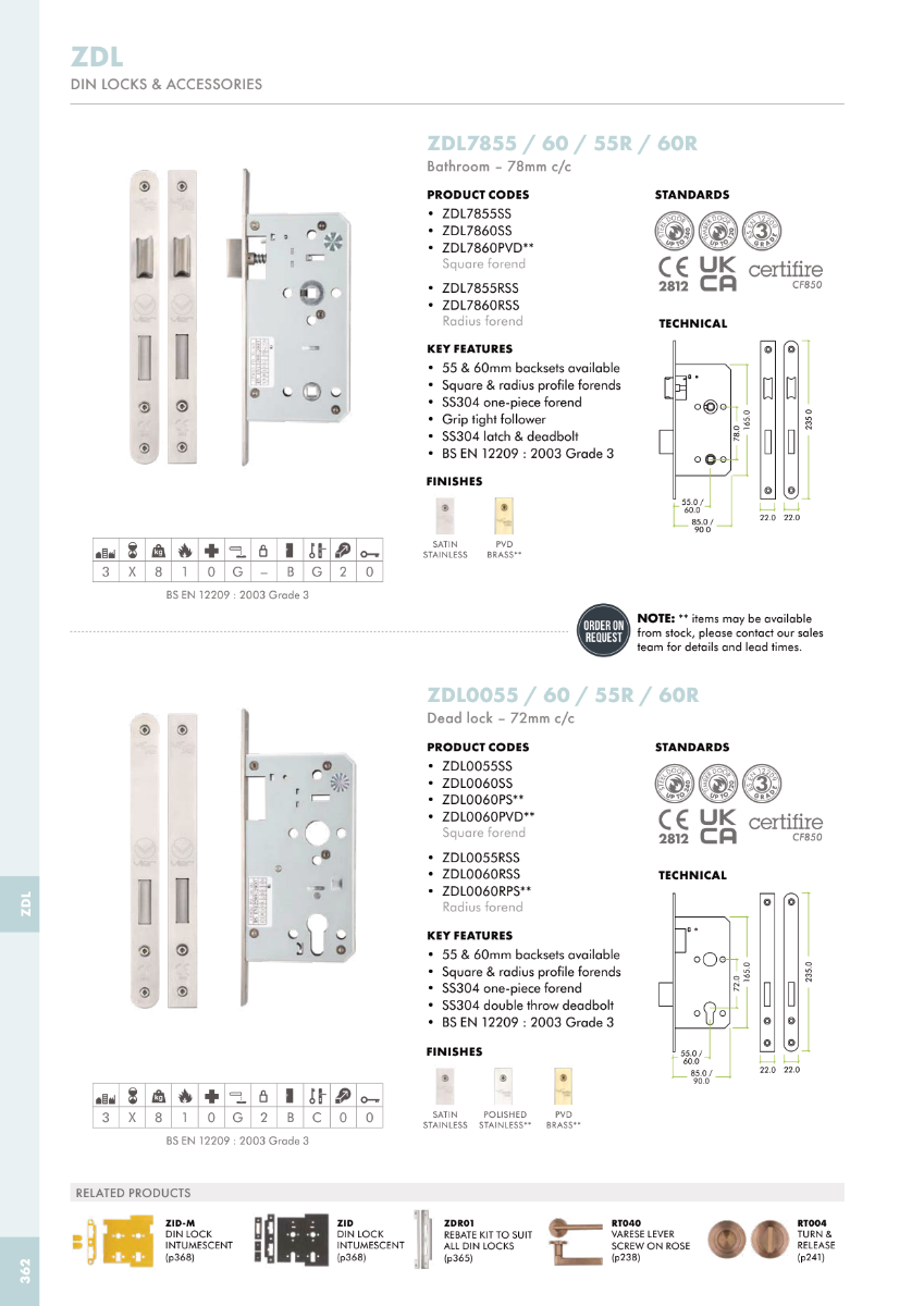 DIN Bathroom Lock 78mm Centres Backset 60mm Radius Satin Stainless Steel - Image 2