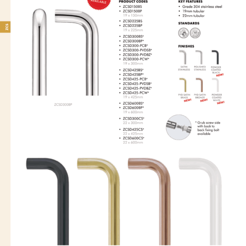 Alternative view of 22mm D Pull Handle 600mm Centres Grade 304 Stainless Steel Bolt Through Fixings